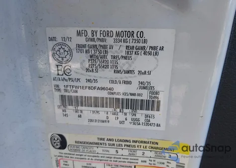 2013 Ford F-150 Fx4 z USA, uszkodzony, nr VIN 1FTFW1EF8DFA96040